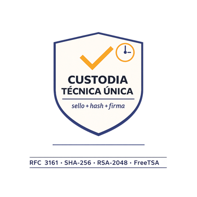 Custodia técnica única · sello + hash + firma · RFC 3161 + SHA-256 + RSA-2048 + FreeTSA
